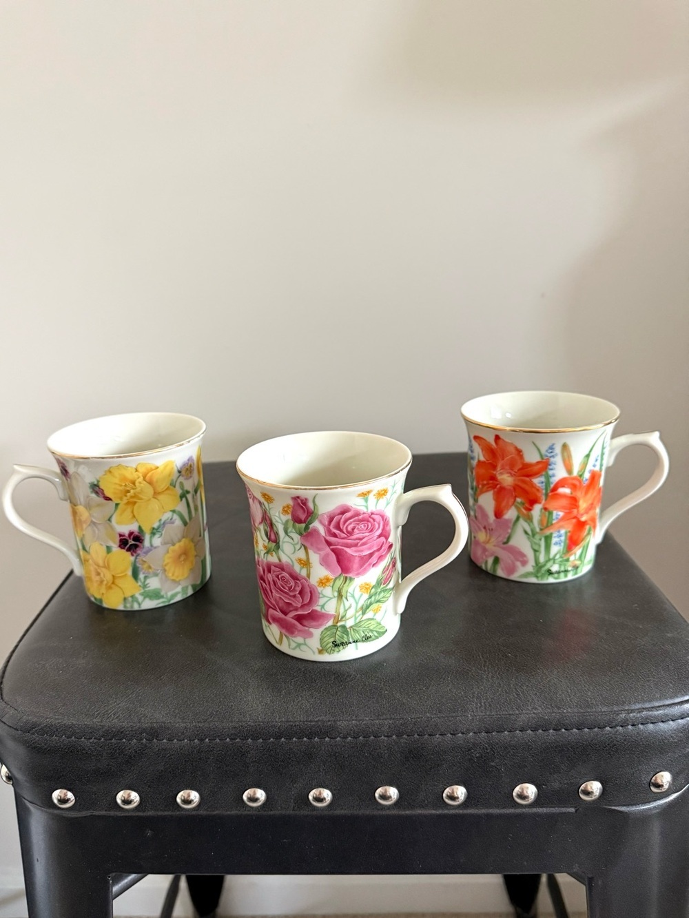 Lenox Floral Porcelain Tea Mugs - Set of 3 (Pink, Yellow, Orange Flower Designs)